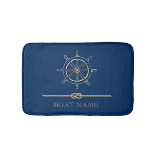 Nautical Gold Boat Wheel,Navy Blue Bath Mat