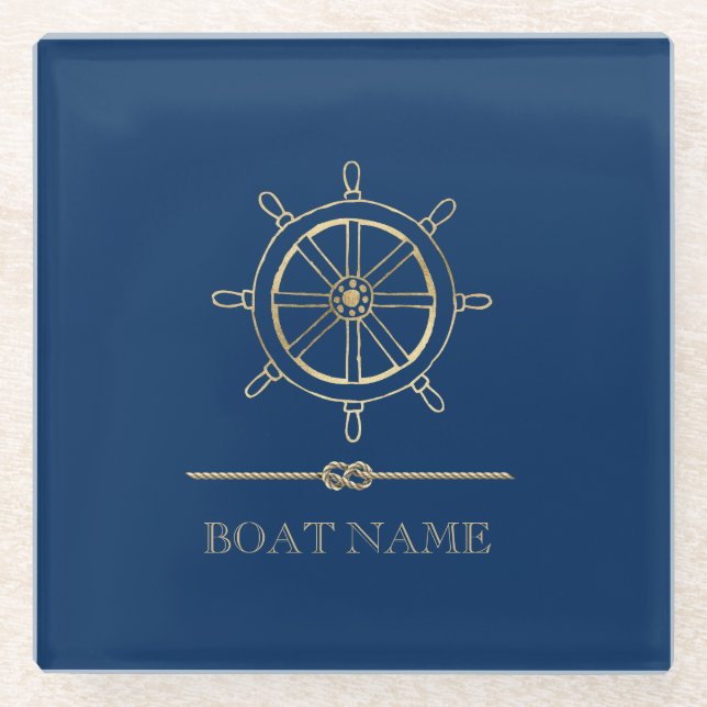 Nautical Gold Boat Wheel,Navy Blue    Glass Coaster (Front)