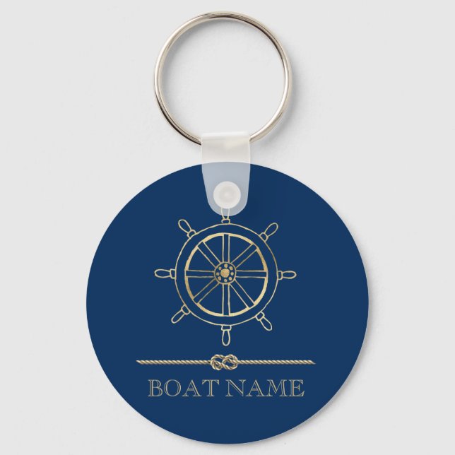 Nautical Gold Boat Wheel,Navy Blue    Key Ring (Front)