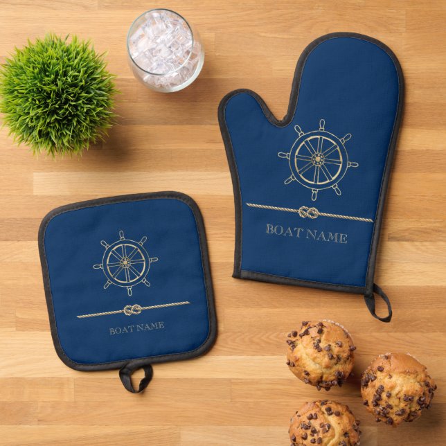 Nautical Gold Boat Wheel,Navy Blue  Oven Mitt & Pot Holder Set (Top Down)