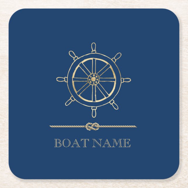Nautical Gold Boat Wheel,Navy Blue    Square Paper Coaster (Front)
