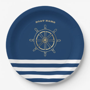 Nautical,Gold Boat Wheel, Navy Blue Stripes  Paper Plate