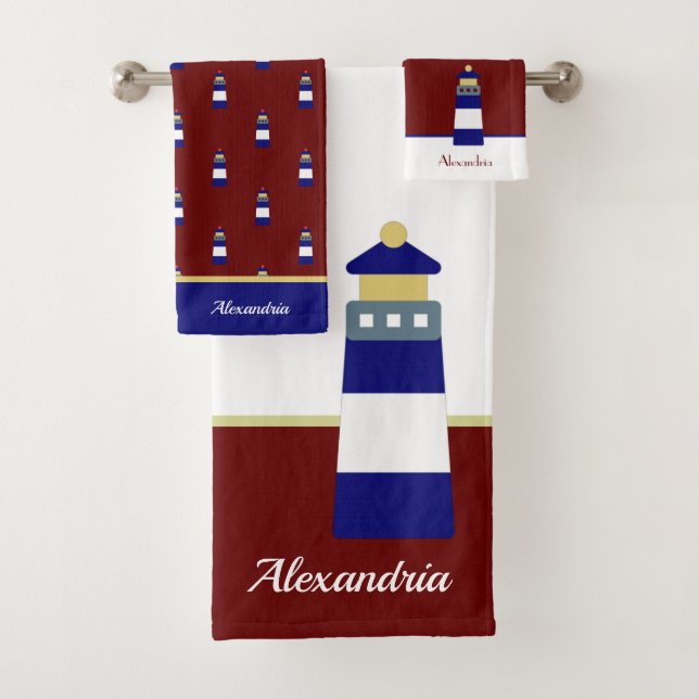 Nautical Gold  Burgundy Maroon and Navy Blue Light Bath Towel Set (Insitu)