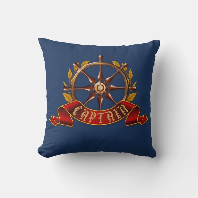 Nautical Gold Captain's Wheel Navy Blue Cushion (Front)