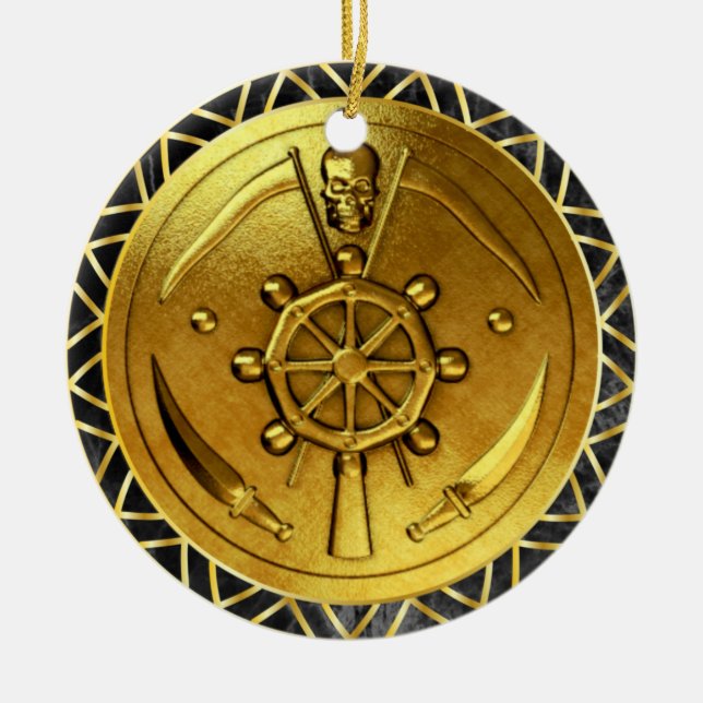 Nautical Gold Pirate Ship's Wheel Medallion Ceramic Tree Decoration (Front)