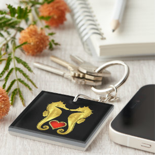 Nautical gold seahorse Celtic red heart/black  Key Ring