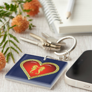 Nautical gold seahorse Celtic red heart/blue Key Ring