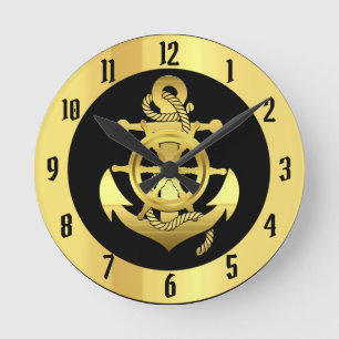 Nautical gold ship/boat anchor on black  round clo clock