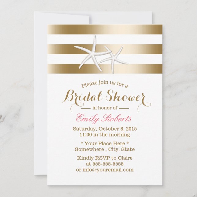 Nautical Gold Stripes Starfish Bridal Shower Invitation (Front)