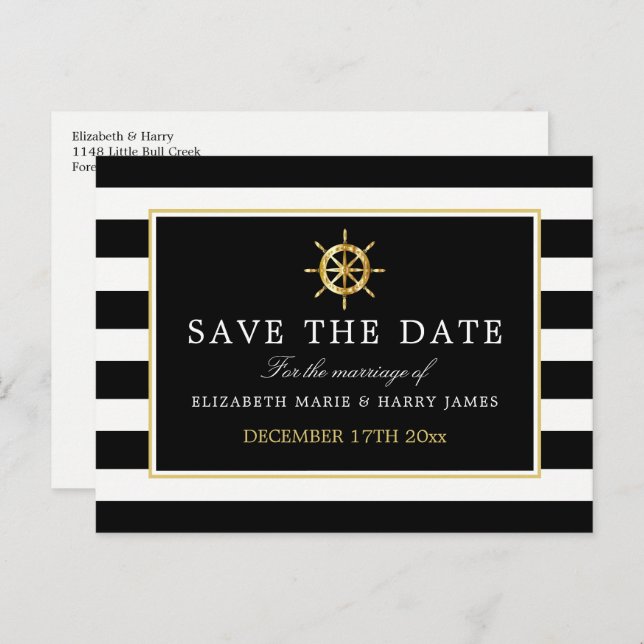 Nautical Gold Wheel, Black & Gold Save the Date Announcement Postcard (Front/Back)