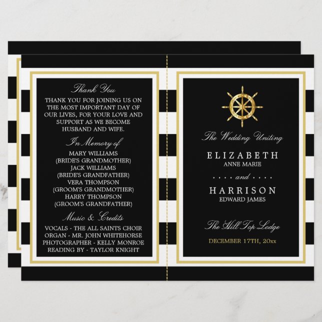 Nautical Gold Wheel, Black/Gold Wedding Programme (Front/Back)