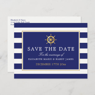Nautical Gold Wheel, Navy & Gold Save the Date Announcement Postcard
