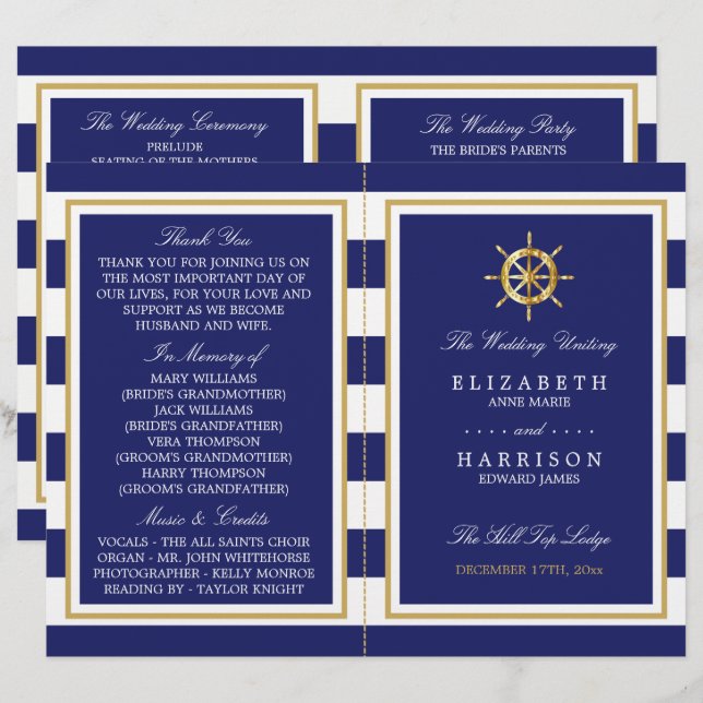 Nautical Gold Wheel, Navy/Gold Wedding Programme (Front/Back)