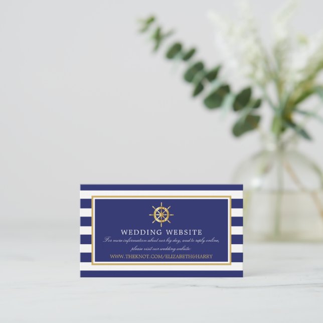 Nautical Gold Wheel, Navy & Gold Wedding Website Enclosure Card (Standing Front)