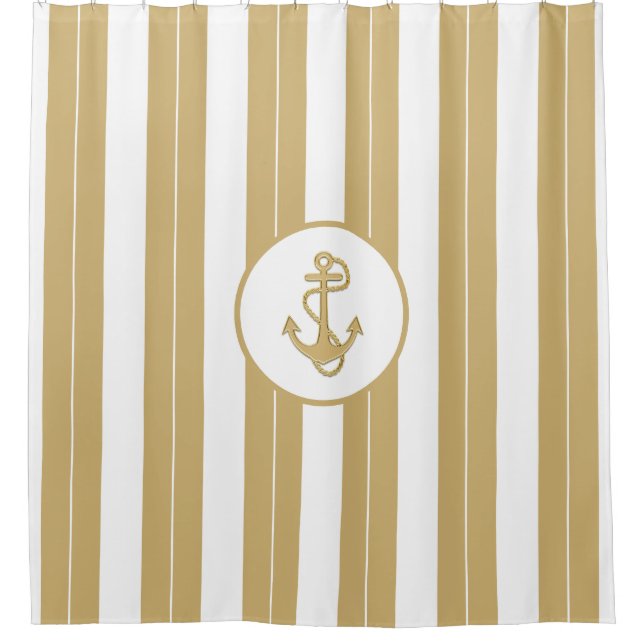 Nautical Gold White Vertical Stripes  with Anchor  Shower Curtain (Front)