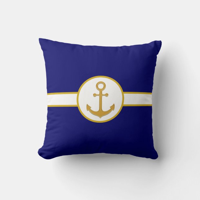 Nautical Golden Anchor on Navy Blue & White Cushion (Front)