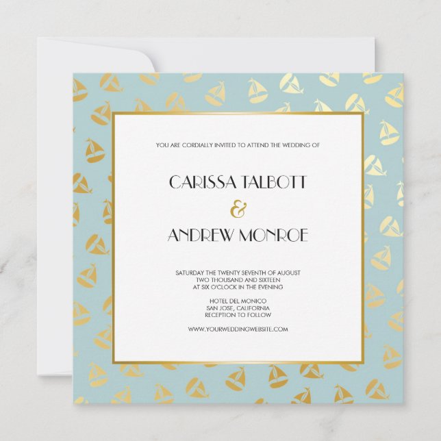Nautical Golden Sailboat Pattern Invitation (Front)