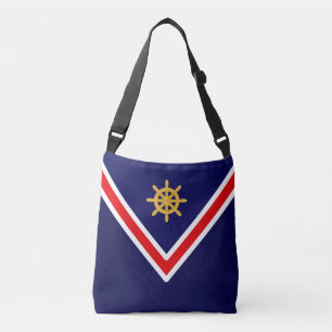 Nautical Golden Ship Wheel on Navy Blue & White Crossbody Bag