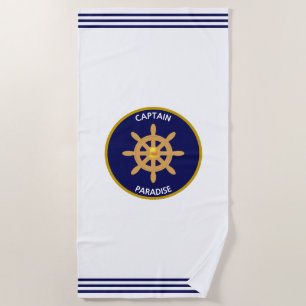 Nautical Golden Ship Wheel on White & Navy Blue Beach Towel