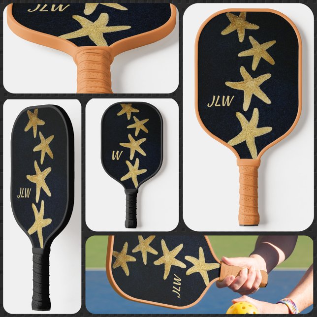 Nautical Golden Starfish Monogrammed Black Pickleball Paddle (Creator Uploaded)