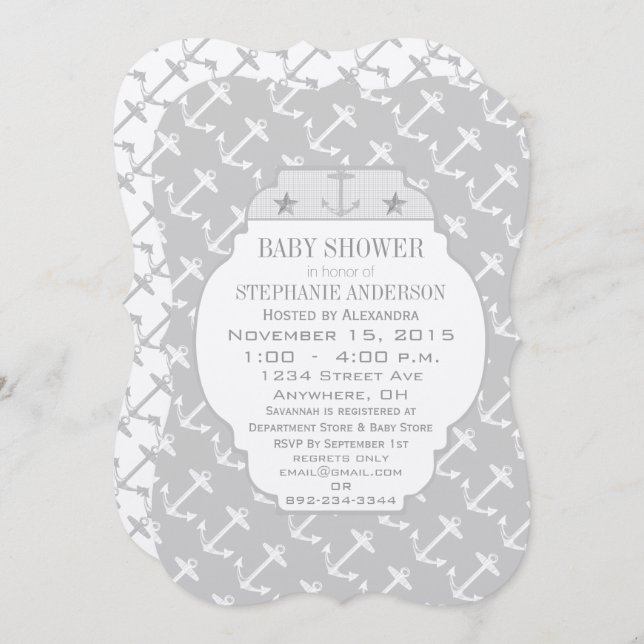 Nautical Gray Anchor Baby Shower Invitation (Front/Back)