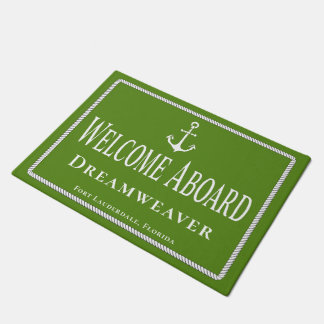 Nautical Green Welcome Aboard Boat Name Anchor Doormat