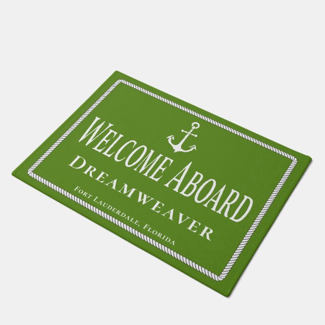 Nautical Green Welcome Aboard Boat Name Anchor Doormat (Angled)