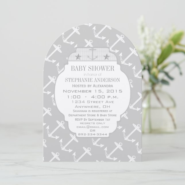 Nautical Grey Anchor Baby Shower Invitation (Standing Front)