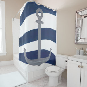 Nautical Grey Anchor Curved Blue and White Stripes Shower Curtain