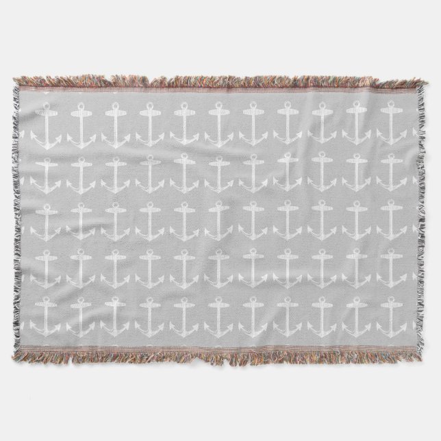 Nautical Grey Anchor Pattern Throw Blanket (Front)