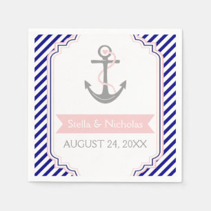 Nautical grey anchor pink navy blue white wedding napkin