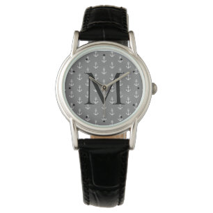 Nautical Grey and White Anchor Monogram Watch
