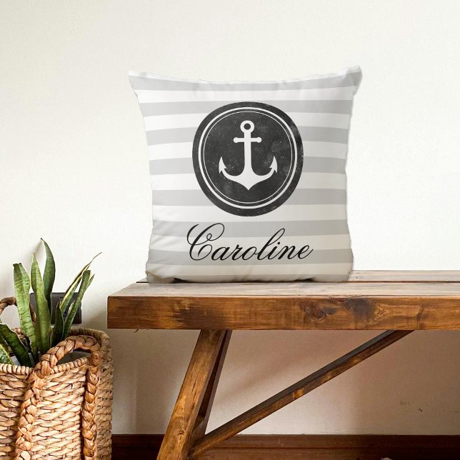 Nautical Grey, Black, White Stripes Anchor Cushion (Creator Uploaded)