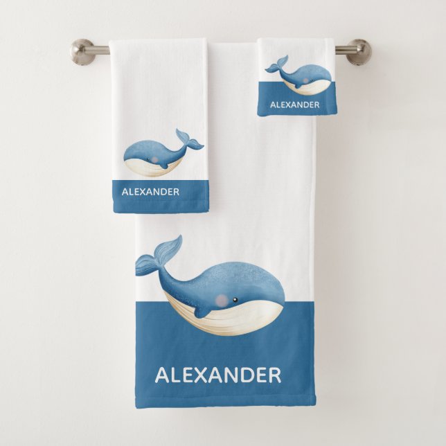 Nautical Grey Blue White Whale  Bath Towel Set (Insitu)