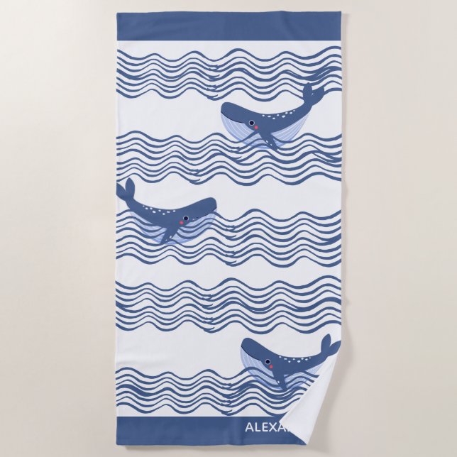 Nautical Grey Blue White Whale Waves  Beach Towel (Front)