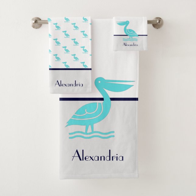 Nautical Grey Navy Blue Teal White Pelican Coastal Bath Towel Set (Insitu)