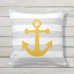 Nautical Grey Stripes Mustard Yellow Anchor Outdoor Cushion
