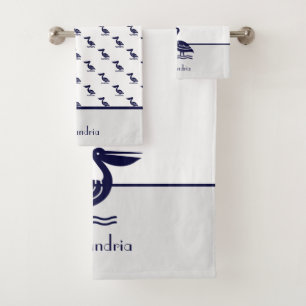 Nautical Grey White and Navy Blue  Pelican Bath To Towel Set