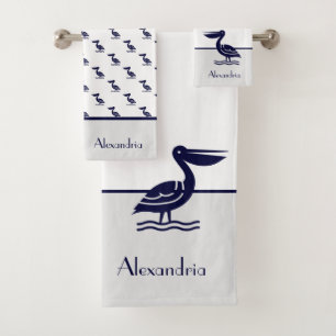 Nautical Grey White and Navy Blue  Pelican Bath Towel Set
