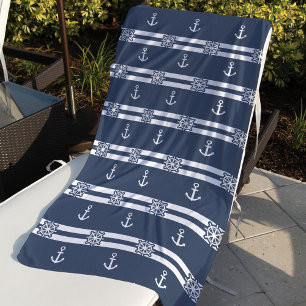 Nautical Grey & White Stripes, Anchor & Ship Wheel Beach Towel