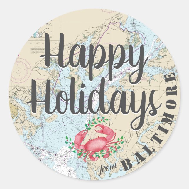 Nautical Happy Holidays from Baltimore Classic Round Sticker (Front)