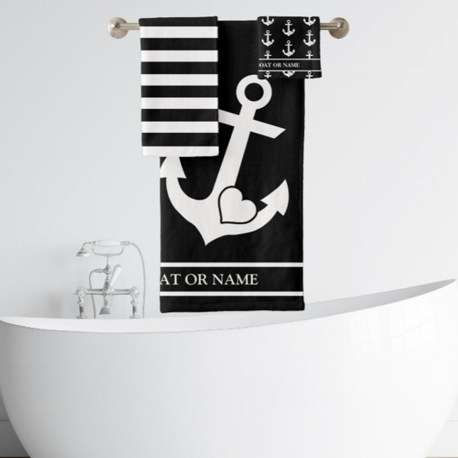 Nautical Heart Anchor Black & White Stripes Custom Bath Towel Set (Creator Uploaded)