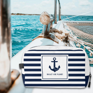 Nautical Heart Anchor Boat Name Navy White Striped Dopp Kit