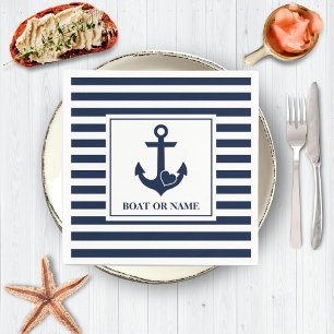 Nautical Heart Anchor Boat Name Navy White Striped Napkin