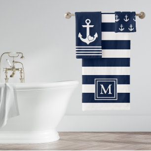 Nautical Heart Anchor Navy White Stripes Monogram Bath Towel Set
