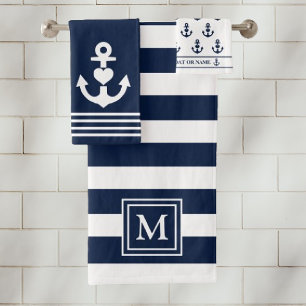 Nautical Heart Anchor Navy White Stripes Monogram Bath Towel Set