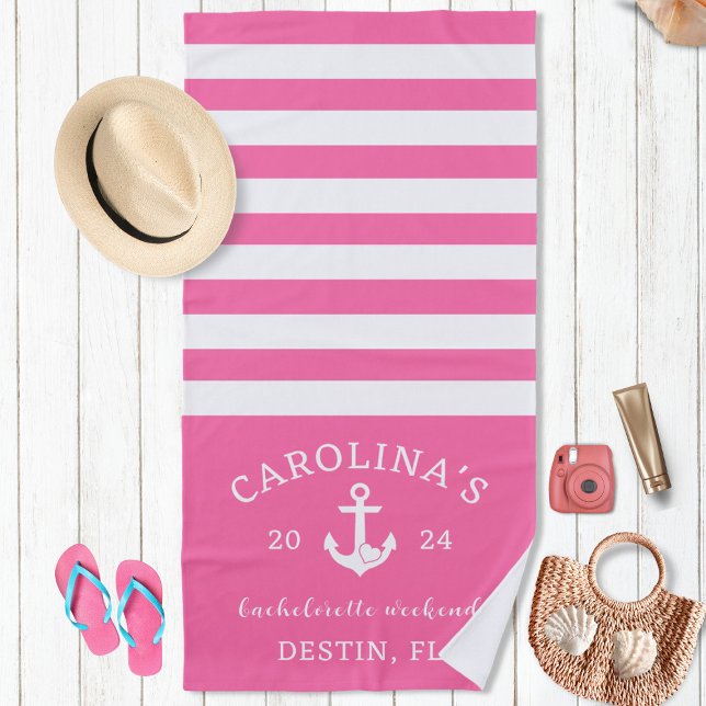 Nautical Heart Bachelorette Weekend Pink & White Beach Towel (Creator Uploaded)