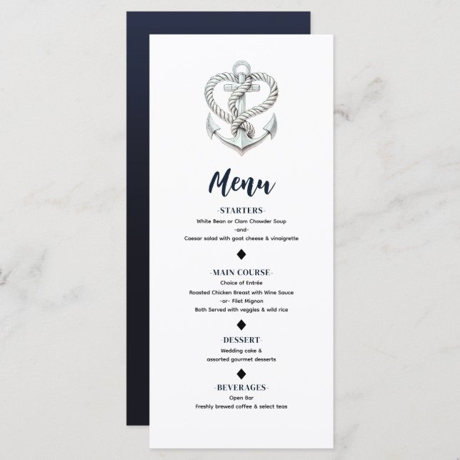 Nautical Heart Rope Anchor Coastal Wedding Menu (Front/Back)