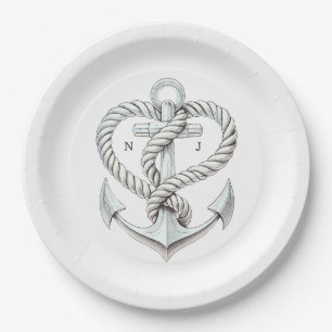 Nautical Heart Rope Anchor Coastal Wedding Paper Plate