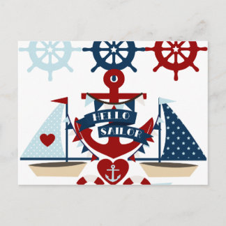 Nautical Hello Sailor Anchor Sail Boat Design Postcard